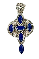 Vintage Style 925 Silver Pendant Blue Marquise Stones Ornate Filigree Design 2″