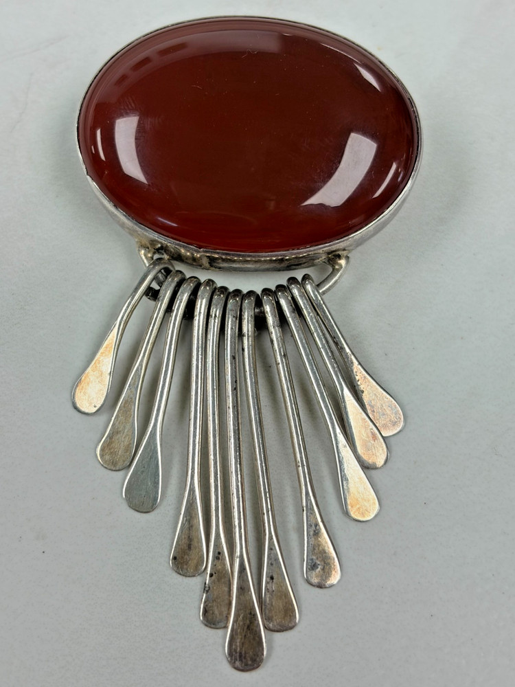 Vintage AIS Mexico Sterling Silver Deep Red Carnelian Cabochon Brooch Pendant