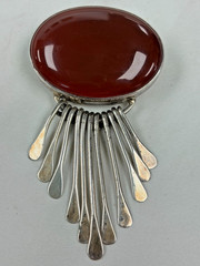 Vintage AIS Mexico Sterling Silver Deep Red Carnelian Cabochon Brooch Pendant