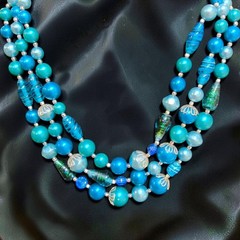 Vintage 3 Strand MCM Art Glass Lucite Bead Necklace Aqua Teal Blue 1950s-1960s