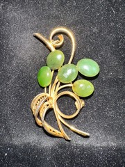Vintage Yellow Gold Plated Filligree & Green Jade Brooch Pin, 2″ inches