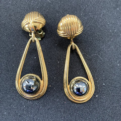 Vintage MCM Lanvin Gold Tone and hematite Dangle Clip On Earrings 1 3/4″