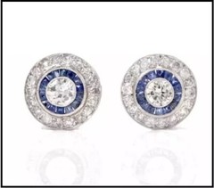 Vintage Halo Sapphire Art Deco Lab Created Diamond Gift 925 Silver Stud Earrings