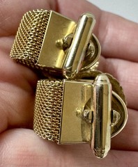 Vintage Gold Tone Mesh Wrap T-Bar Cufflinks Round Top Blue Cabochon #1705