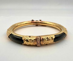 Antique Chinese 24K Yellow Gold Black Gem 8mm 6.5″ Hinged Bracelet Bangle 26.9g