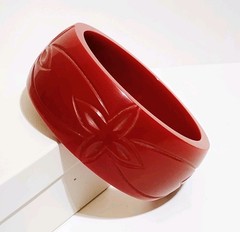 Chunky Burgundy Red Bangle Bracelet Carved Molded Modernist Resin Flowers