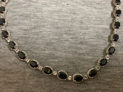 Vintage Sterling Onyx Cabochon & Cubic Zirconia Link 16” Tennis Necklace