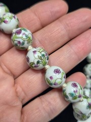 Vintage Chinese Porcelain Floral Bead Necklace Hand Painted Knotted Gold Tone