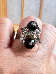 Vintage Silver Tone Adjustable Ring Clear Crystals Black Faceted Round Beads 7″