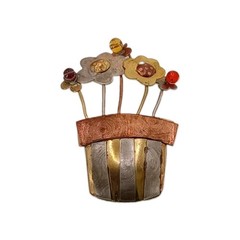 Vintage Mixed Metal Flower Pot Brooch Brass Copper Bead Artisan 3D Pin 2 1/4 in