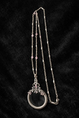 Vtg Pastel Pink Blue Rhinestone Magnifying Glass Jewelry Loupe Pendant Necklace