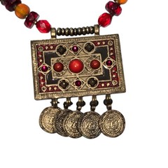 AVENUE Rectangular Pendant Red Stones Dangling Coin-Like Charm Beaded Chain