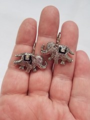 Vintage Elephant Earrings AB Crystals Black Enamel Silvertone Trunk Up Good Luck