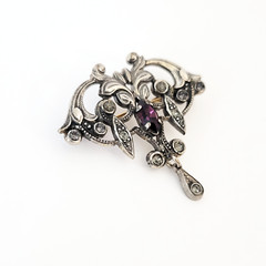 Antique Art Nouveau Silvertone Brooch Pin Purple Rhinestone Trombone Clasp 1900s