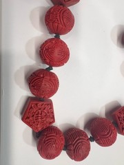 Vintage Chinese Cinnabar Carved Red Bead Necklace & Earrings Set