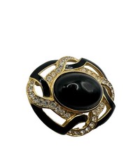 Vintage Trifari Gold Toned Black Enamel Oval Cabochon 2” Brooch Pin 80s-90s
