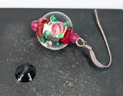 Vintage Sterling Silver Pink Roses Crystal Glass Lampwork Beaded Dangle Earrings