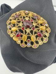 VTG Monet Signed Tigereye Ruby Topaz Gold Crystals Oval Broach Pin Filagree