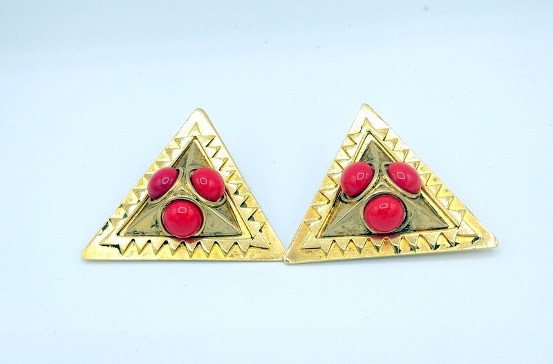 Remy Dis Paris Designer Earrings Egyptian Revival Triangle Red Clip-on FREE Ship