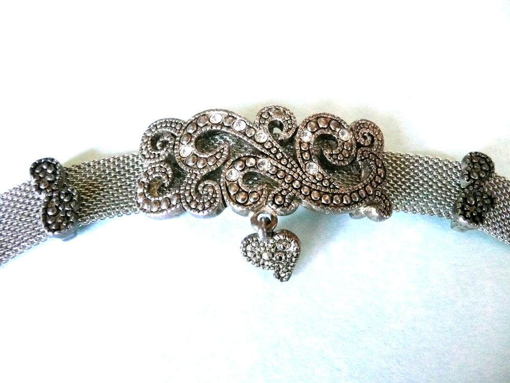 ANTIQUE VTG STERLING SILVER OXIDIZED MARCASITE CRYSTAL HEART THICK BRACELET