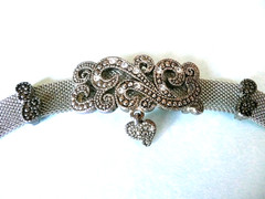 ANTIQUE VTG STERLING SILVER OXIDIZED MARCASITE CRYSTAL HEART THICK BRACELET