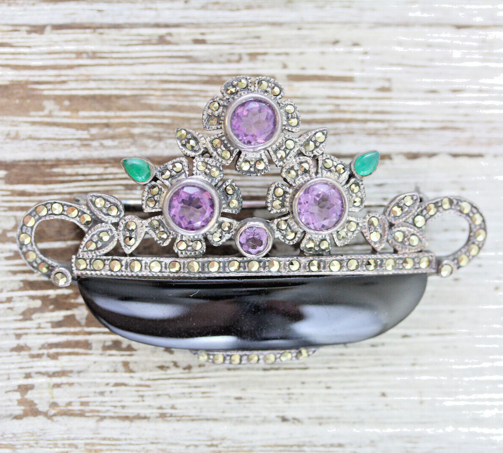 VINTAGE FLOWER BASKET ONYX AMETHYST MARCASITE STERLING SILVER BROOCH 925 DECO