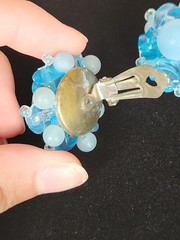 Vtg W Germany Light Blue AB Beads Triple Strand Necklace & Clip On Earring Set