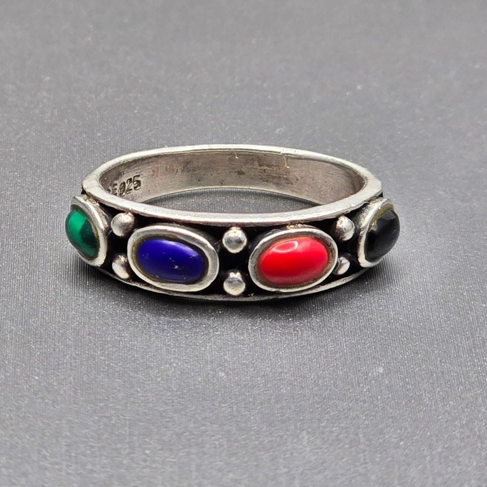 Vintage Sterling Silver Multi Gemstone Ring Size 7.75 Lapis Malachite Coral Onyx