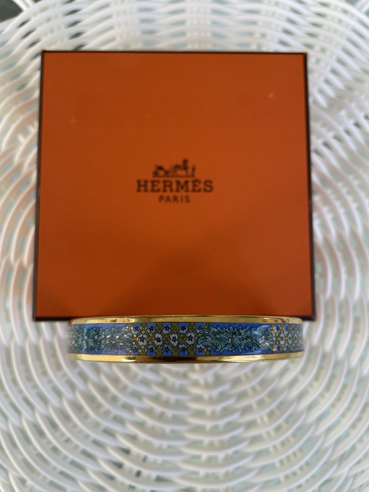 Hermes Enamel Bangle Bracelet Green Blue “Plants” Enamel Gold Rim New In Box