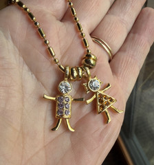 Vintage K.I.S. USA Boy Girl Charms Gold Tone Beaded Chain Necklace 30″L