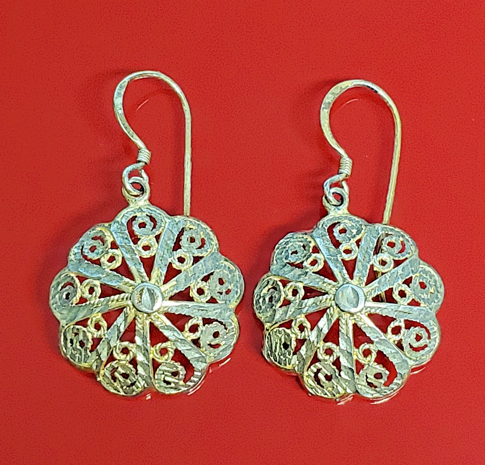 925 MD Vermeil Filigree Drop Earrings 1.5in Sterling Silver 5g Gold Wash Estate