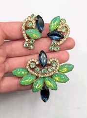 Verified Juliana Green Opal Blue Rhinestone Brooch Clip Earrings Set *Modified*