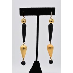 Vintage Dangle Earrings Black Beaded Brushed Gold Matte Drop Chunky 1990s BinAV