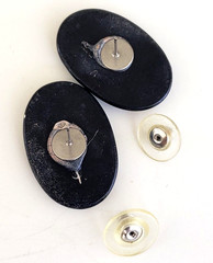 Vintage Art Deco Revival Resin Black Green Oval Pierced Earrings 1-3/16″