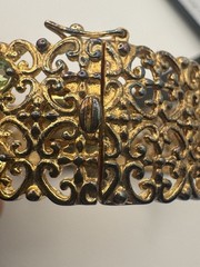 Vintage 925 China Gold Vermeil MultiGemstone Filigree Hinged Bangle Bracelet 30g