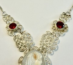 Antique Genuine Shell Cameo Faceted Red Stone Silver Tone Filigree Necklace