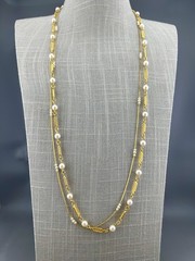 Vintage Necklace Lot Marvella Faux Pearl Bar Link Chain Gild Tone 28”