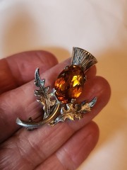 Vintage Sterling Silver Scottish Thistle Brooch With Gold Oval Rhinestone