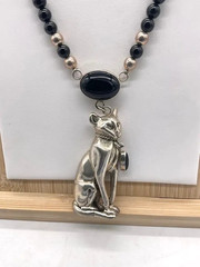 Vintage Carol Felley 1989 Sterling Onyx Cat Pendant Necklace 109 Grams
