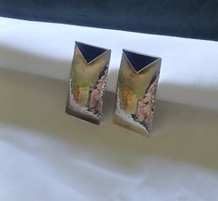 Vintage Sterling Silver Lapis Earrings. Modernist Geometric Stud 1.5 inch