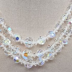 Vintage 3 Strand Aurora Borealis Choker 13.75 to 15.5 Inches