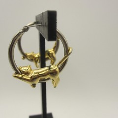 Vintage Figural Earrings Gold Tone Cat Silver Tone Hoop For Pierced Ears