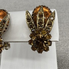 Vintage Clip On Earrings Orange Brown AB Rhinestones ￼