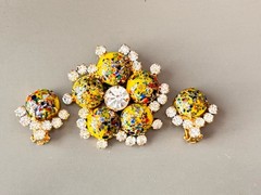 Vintage Verified JULIANA Millefiori Brooch & Earring Set, Yellow Harlequin Multi