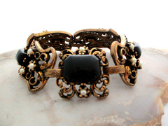 Vintage Chunky Gold faux pearl Black lucite Metal Panel Filigree Bracelet
