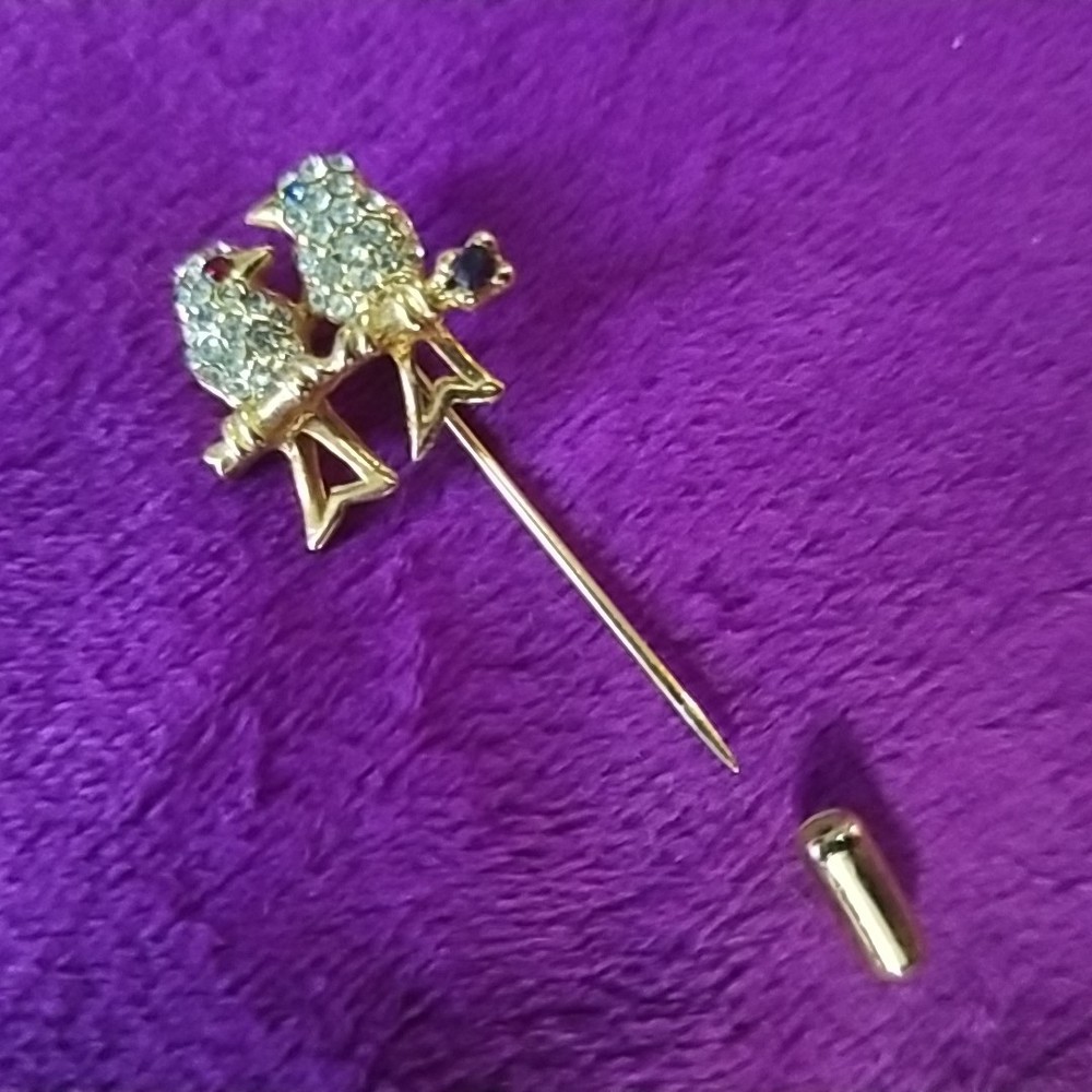 Crystal Lovebirds Pin on a Gold Tone Branch Push Pin Vintage 1990’s EUC