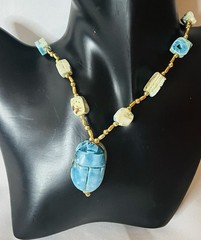 Vintage Egyptian Revival Cared Soap Stone Scarab Turquoise Necklace