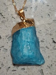 Vintage Pendant Huge Natural Chunky Quartz Dyed Aqua Blue Gold Tone Dipped 20″ L