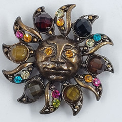 Vintage Bronze Tone Sun Brooch with Multicolored Rhinestone Jewels