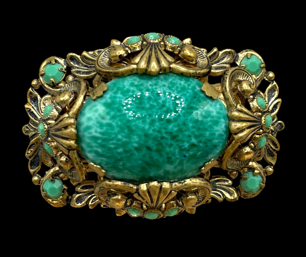 VTG W. Germany Ornate Peking Glass Filigree Shell motifs Brooch C-clasp Art Deco